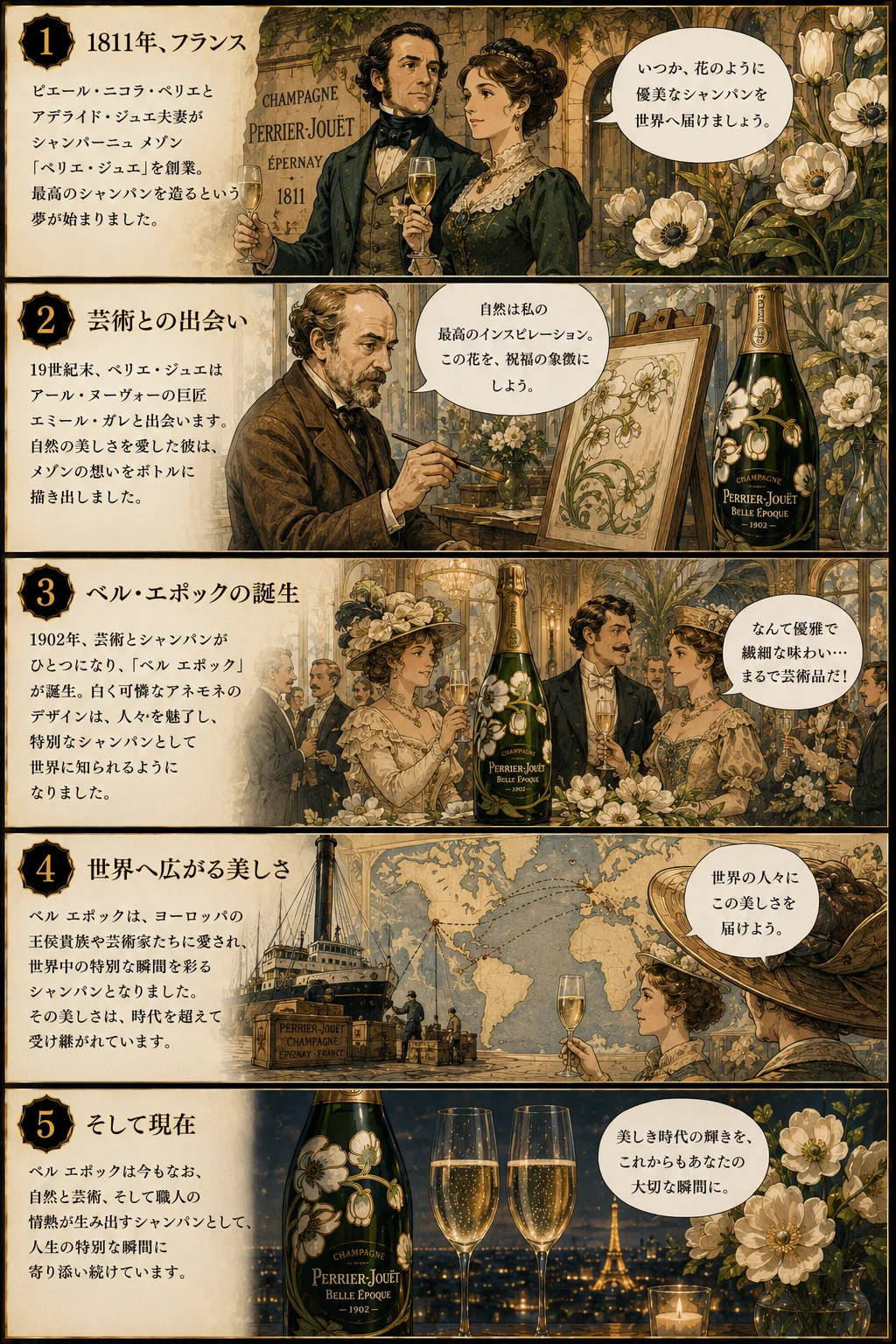 ベルエポックの物語 全5コマ：①ペリエ・ジュエの創業、②エミール・ガレとの出会い、③白いアネモネの誕生、④世界へ広がる美しさ、⑤現在も特別な夜を彩る芸術シャンパン
