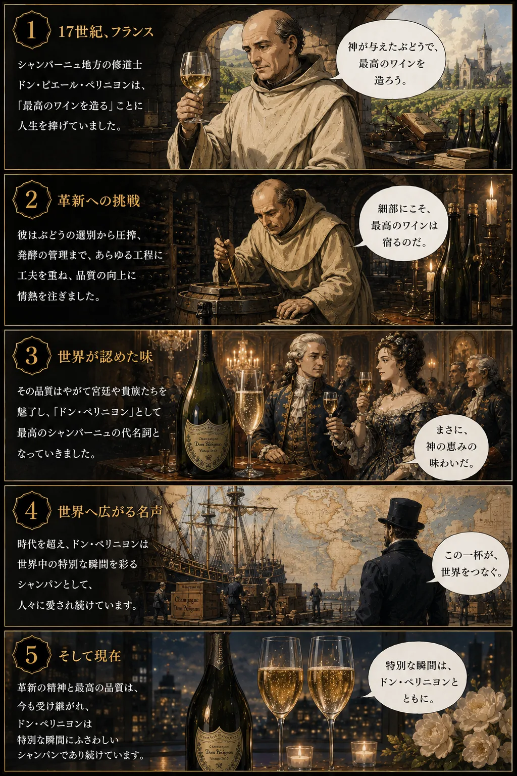ドン・ペリニヨンの物語 全5コマ：①17世紀の修道士、②品質へのこだわり、③泡との出会い、④受け継がれる技術、⑤現在も特別な瞬間を彩るシャンパン
