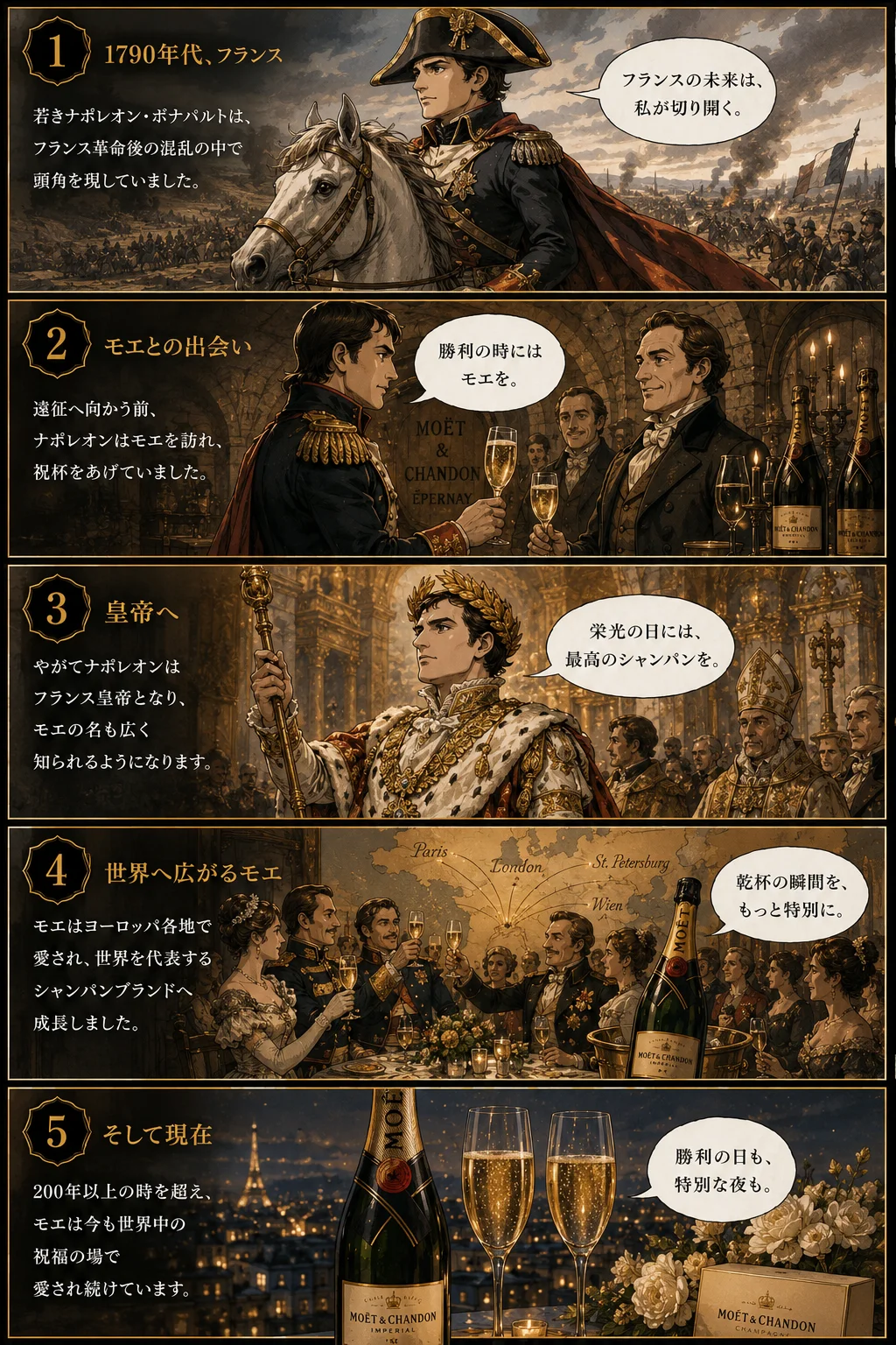 モエ・エ・シャンドンの物語 全5コマ：①若きナポレオン、②モエとの出会い、③皇帝へ、④世界へ広がるモエ、⑤現在も祝福の場で愛されるシャンパン