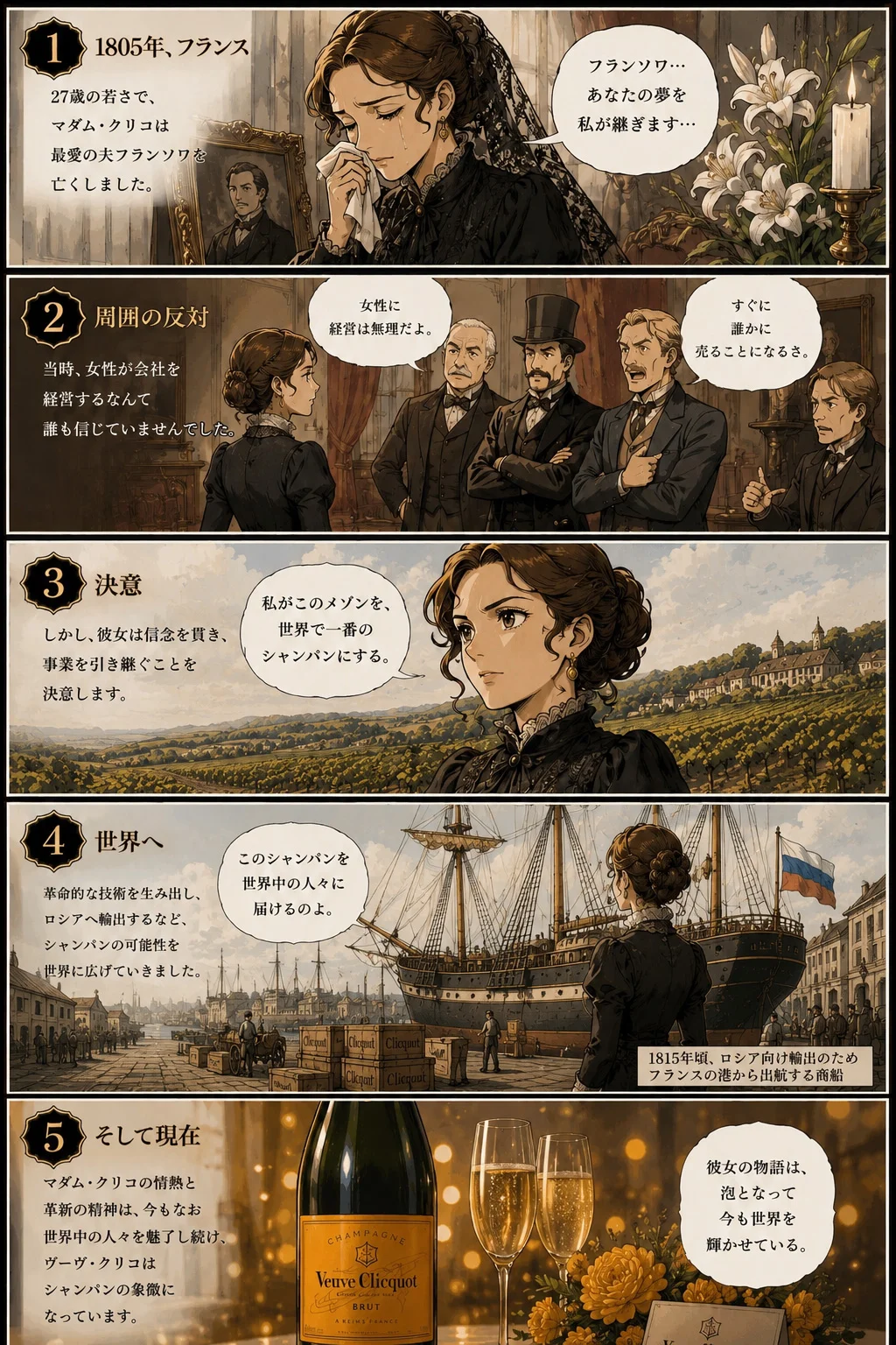 マダム・クリコの物語 全5コマ：①夫の死、②周囲の反対、③決意、④世界への挑戦、⑤受け継がれる情熱 — ヴーヴ・クリコの歴史をたどる物語コミック