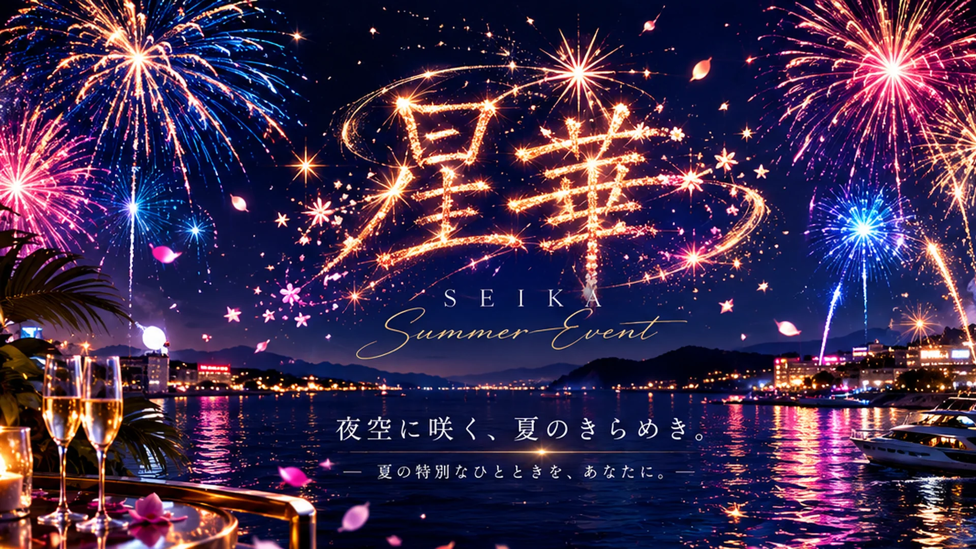 夜空に花火で『星華』の文字が輝く、Club 星華の夏イベントビジュアル
